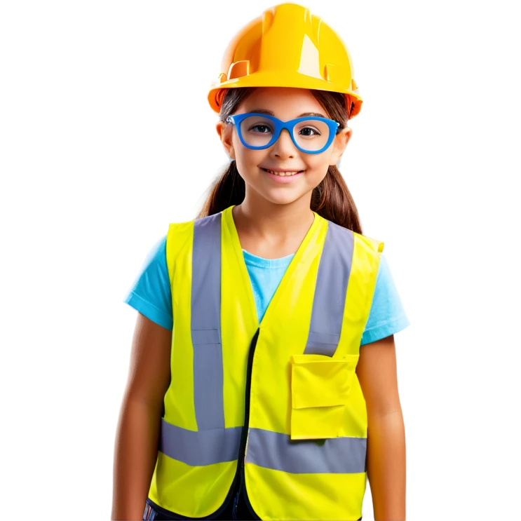 Girl with vest and safety glasses and hard hat emoji
