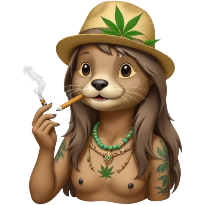 a female otter with long hair smoking a joint surrounded by marijuana fumes. a bit california hippy vibe, with tattoos emoji