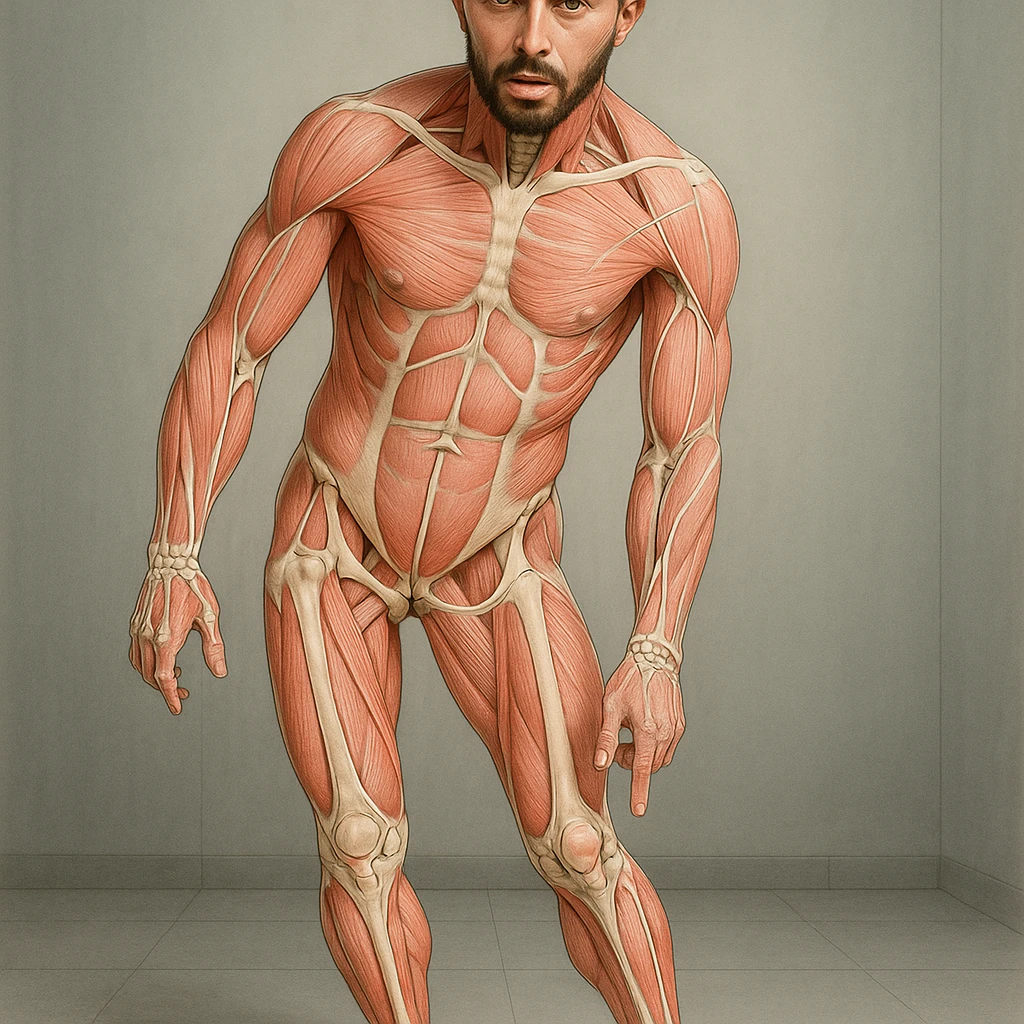 Hyperrealistic 4K anatomical view of a man in a similar position to the reference image. Knee valgus, tilted pelvis, pronated foot, muscles and joints highlighted, clinical atmosphere. Variant 7 with slightly changed leg position. emoji