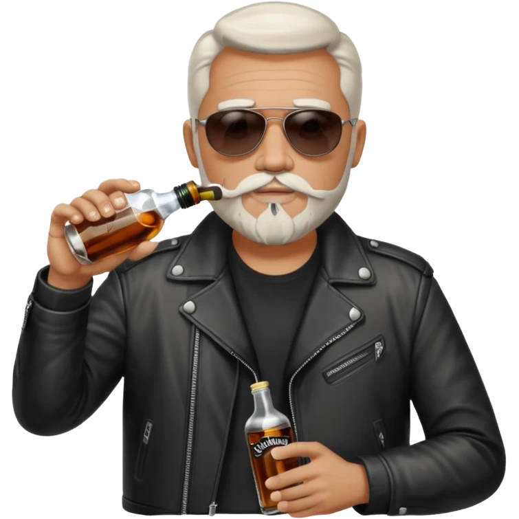 Un motero de perilla blanca tipo Quijote, gafas oscuras chupa de cuero y bebiendo de una botella de Jack Daniel's. emoji