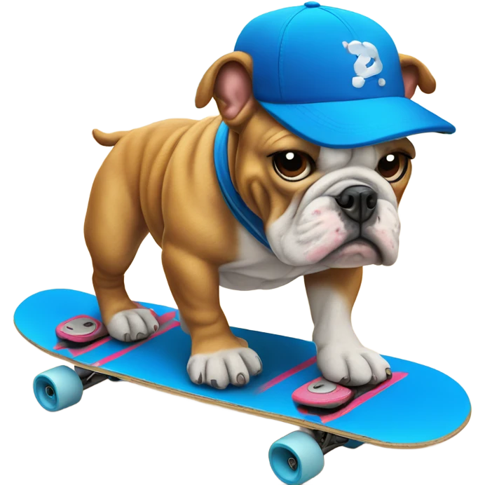Bulldog with a blue baseball cap skateboarding by the beach emoji
