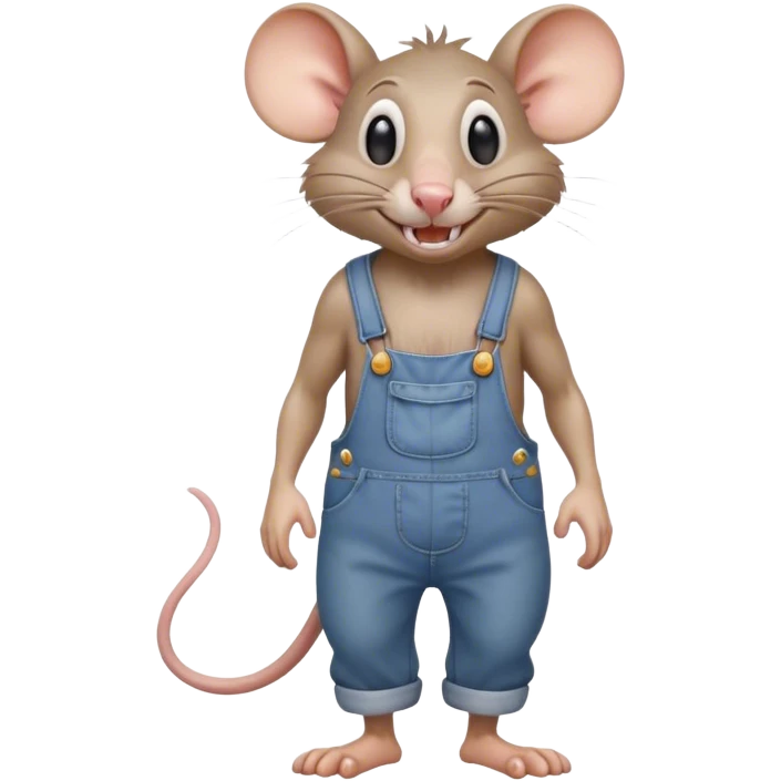 dizzy cartoon hillbilly rat wearing overalls no shirt. standing and talking full body. human eyes. teeth showing talking. walking talking moving arms emoji