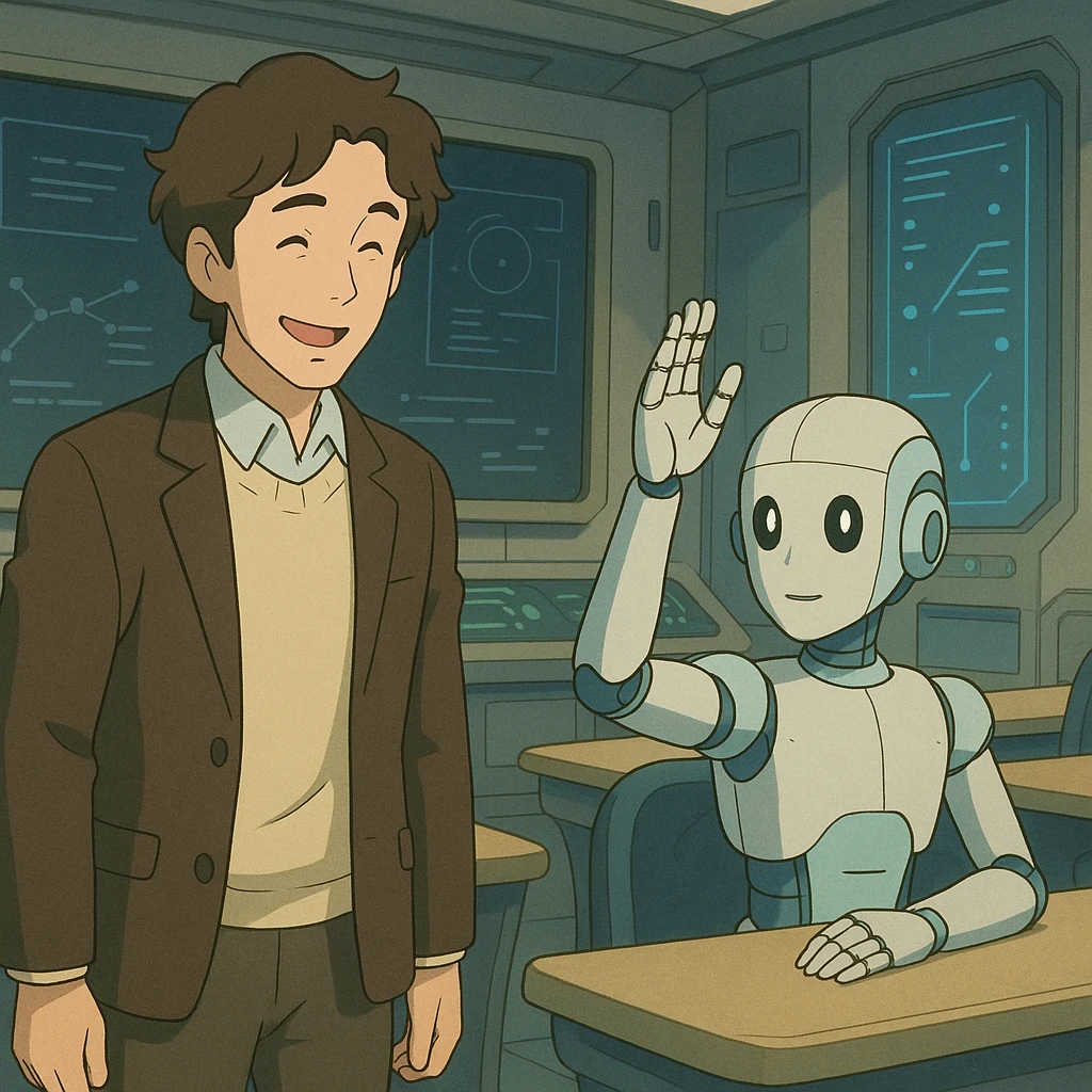 A human teacher smiling as an android student raises its hand to ask a question in a high-tech classroom emoji