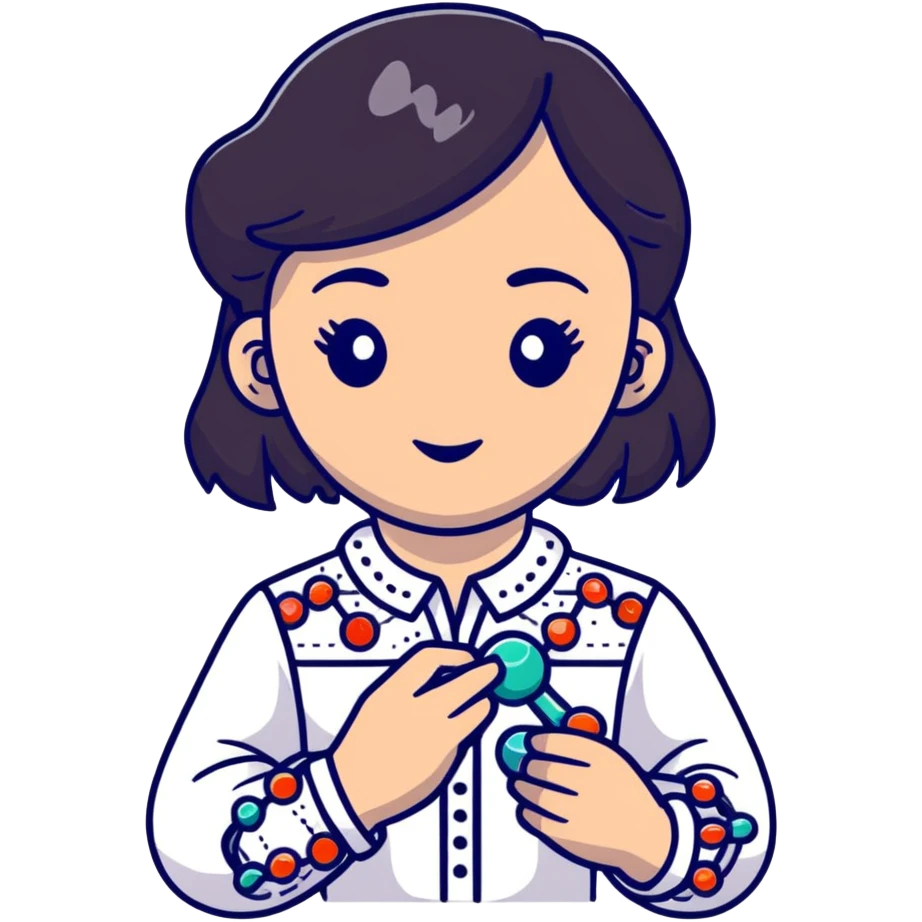 Ukrainian girl with dark hair in an embroidered traditional shirt holds a DNA molecule in her hand emoji