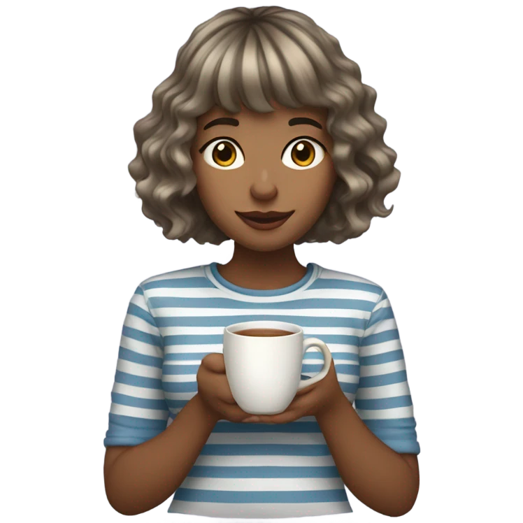Girl in her 20's, bangs, wavy hair, ash colored hair, a striped shirt drinking tea emoji