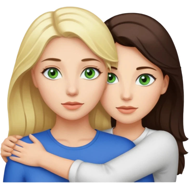 Blondynka z zielonymi oczami przytulająca się do brunetki z niebieskimi oczami emoji