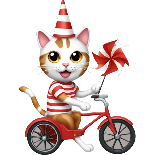 Silly cat with a pinwheel hat, red and white striped shirt, and a tricycle emoji