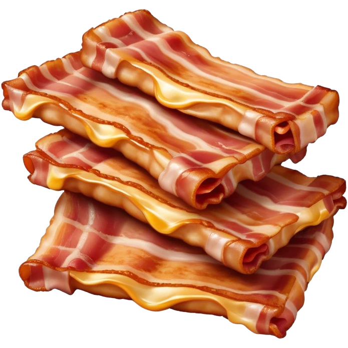 Cinematic crispy sizzling bacon, slightly curled, golden-brown with a perfect crunch, glistening with rich flavor, deep warm tones, served on a breakfast plate, comforting and indulgent. emoji