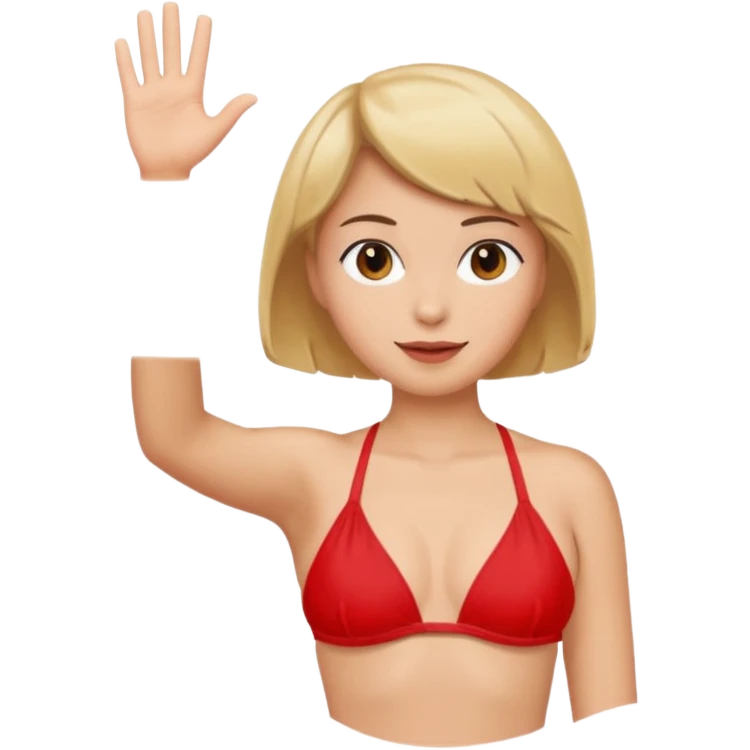 woman with short hair wearing red bikini waving emoji