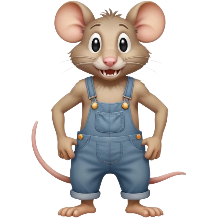 frowning disheveled dizzy cartoon hillbilly rat wearing overalls no shirt. standing and talking full body. human eyes. teeth showing talking. walking talking moving arms. reacting upset emoji