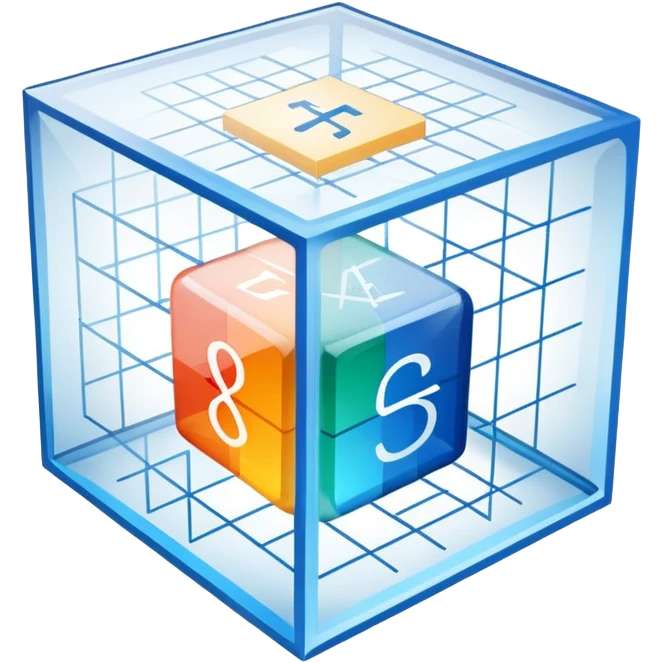 An icon featuring a transparent cube with geometric sections and mathematical calculations, symbolizing the study of mathematics. The design includes algebraic formulas, graphs, and mathematical symbols, representing advanced mathematical concepts and problem-solving. Transparent background emoji