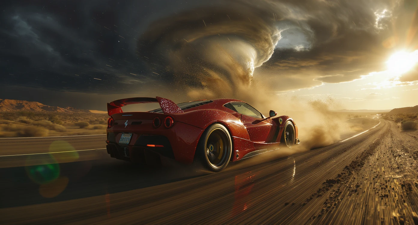 Cinematic still of a ferrari f40 around tornado od arizona desert, sun flare, captured by gopro hero with effect fisheye, water drops on car body, detailed, inspired by interstellar look, captured by a RED Weapon 8K emoji