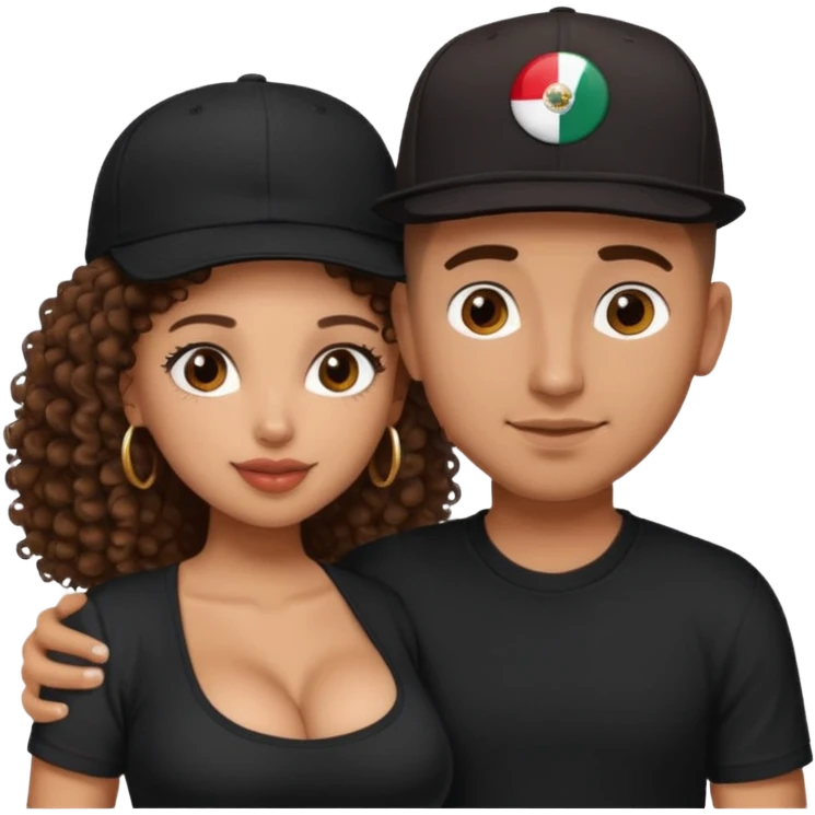 A picture of a tanned couple embracing. the guy is Mexican, with a bald hair cut and he has a SnapBack hat on. The girl is mixed, the girl is wearing a black shirt, the girl has brown curly big hair and the girl has big boobs  emoji
