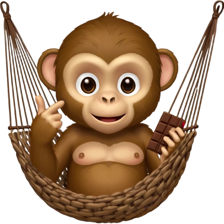A monkey lies in a hammock in the jungle, eating chocolate and giving the middle finger. emoji