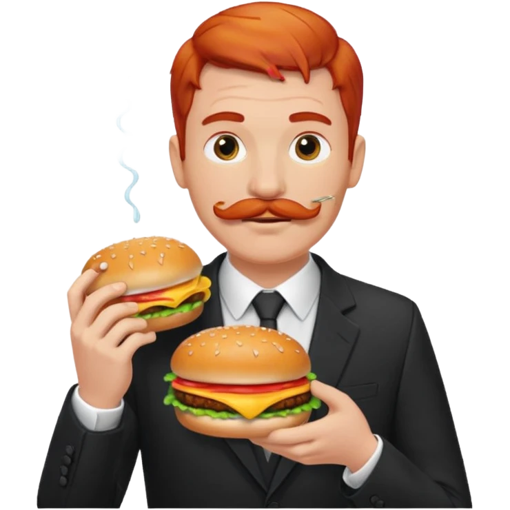 red haired with mustace male wearing suit eating hamburger emoji
