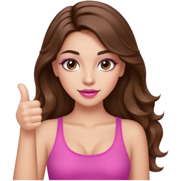 girl with long wavy brown hair, brown eyes, long lashes makeup, sexy pink lips, light to medium complexion, wearing a pink sexy top, thumbs up emoji