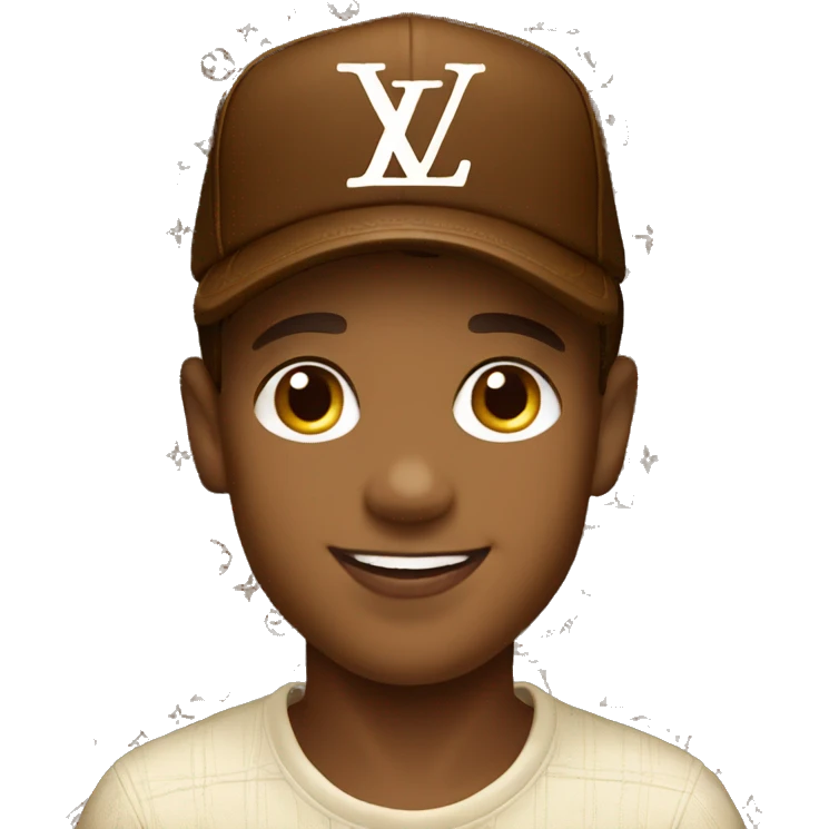 Boy wearing cap Louis Vuitton brown colour and smile emoji