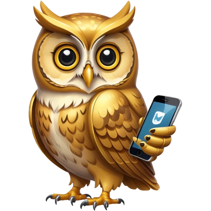 Золотая нарисованная сова с телефоном айфон в крыле держит emoji