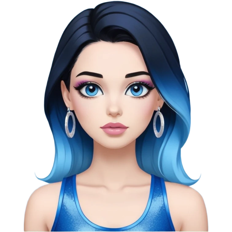 Head-to-waist-Sultry-very-beautiful-face-light-pink-lips-long-straight-dark-blue-ombre-hair-and-blue-eyes-thick-black-eyeliner-thick-long-eyelashes-sky-blue-superman-tank-top-with-glitter-and-silver-hoop-earrinngs emoji