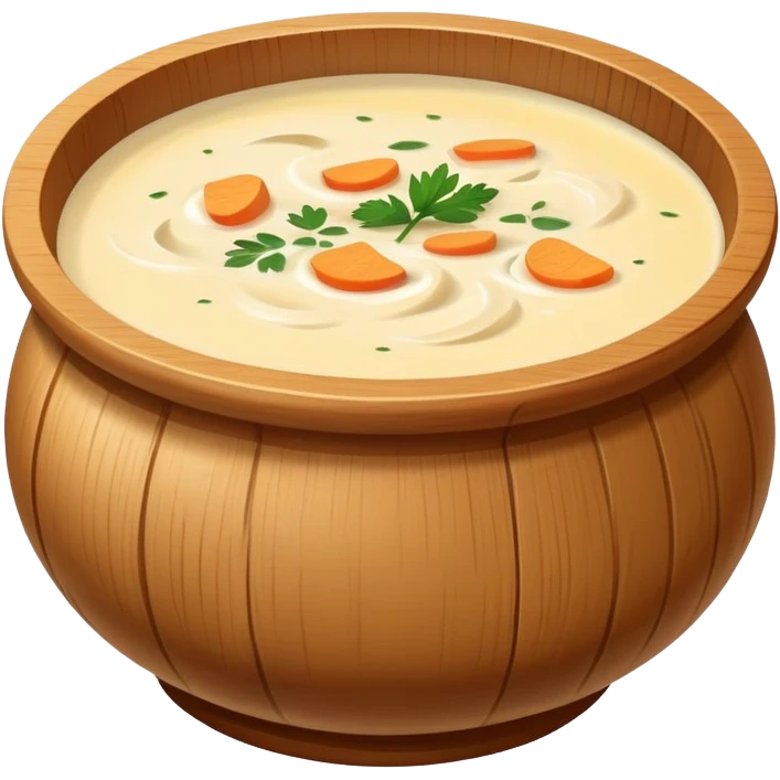 Pot of creamy soup in a wooden bowl￼ emoji