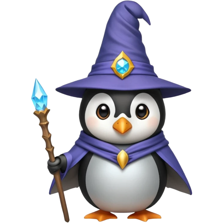 penguin dressed as a wizard with a pointy hat and a magic staff, fun emoji style emoji