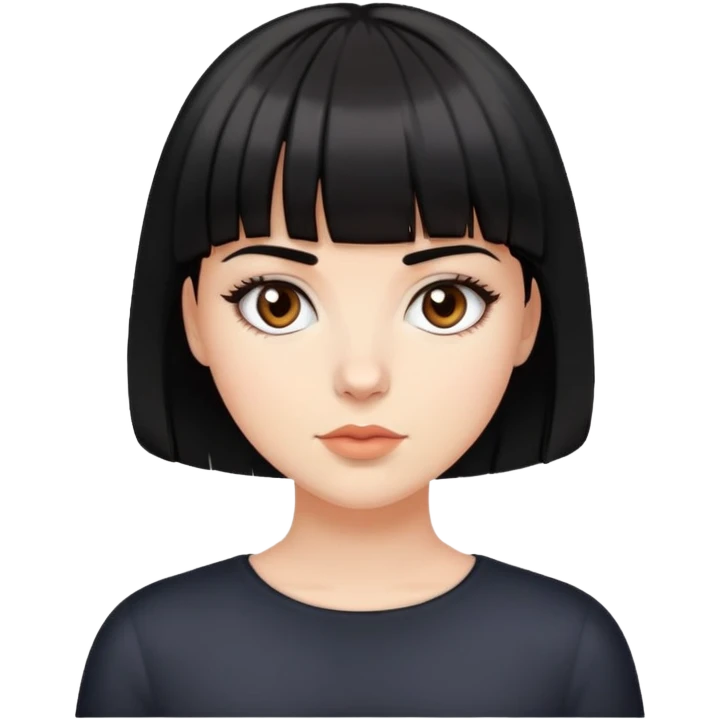White girl with dark brown eyes, short black hair and bangs emoji
