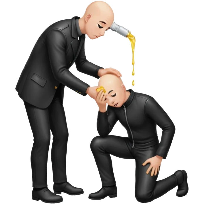 Bald man on his knees submissive to tall, standing man in leather, pouring piss down his throat emoji