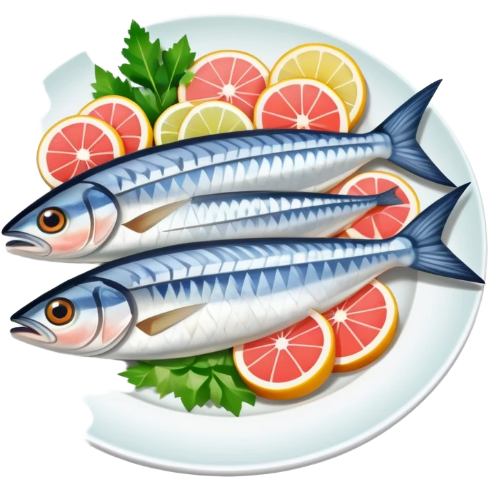 mackerel sashimi with slices of raw fish on a plate with garnish emoji