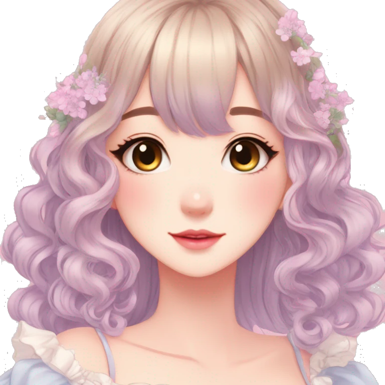 gorgeous pretty attractive anime lady beautiful hair with gorgeous dress fairycore cottagecore pastelcore detailed high quality trending VOGUE aesthetic emoji