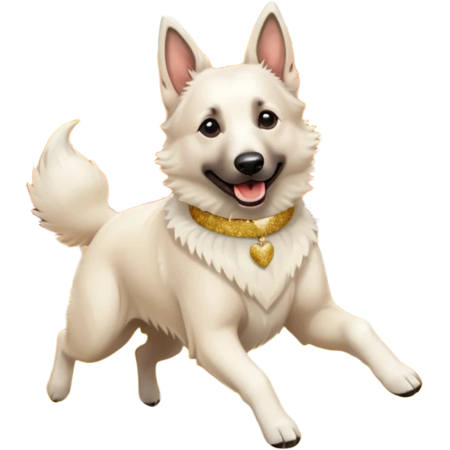 White belgian Shepard with Glitter collar jump in Leaves in autumn and Love it emoji