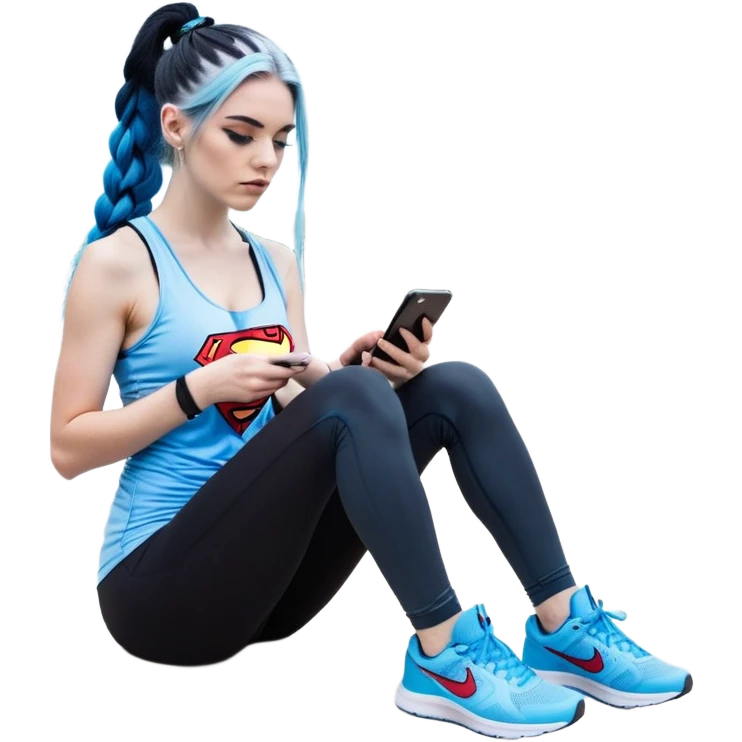 Shameful and disappointed-Female-very very very larger chest-texting on a samsung cell phone-very long straight braided black to sky blue hair ombre-blue eyes-black eyeliner-long eyelashes-iridescent sky blue very low cut tank top with superman logo-black leggings-nike hightop sneakers emoji
