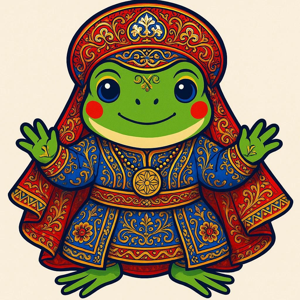 Incorporate more elaborate designs and cultural details into the playful frog's Bashkir costume (sticker style) emoji