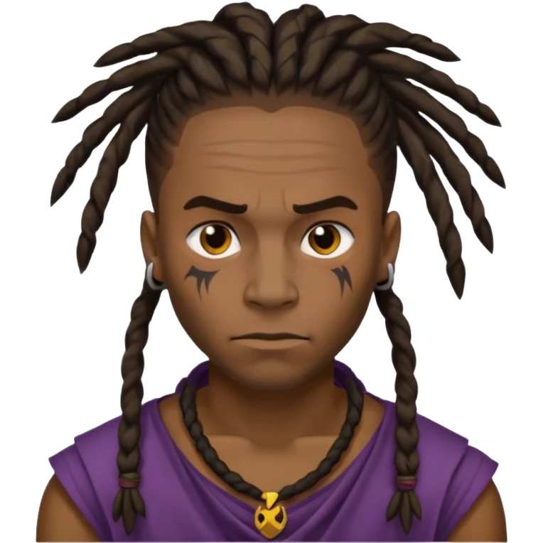 
1 black man, fierce face, scar on face, dreadlock hair tied back emoji
 emoji