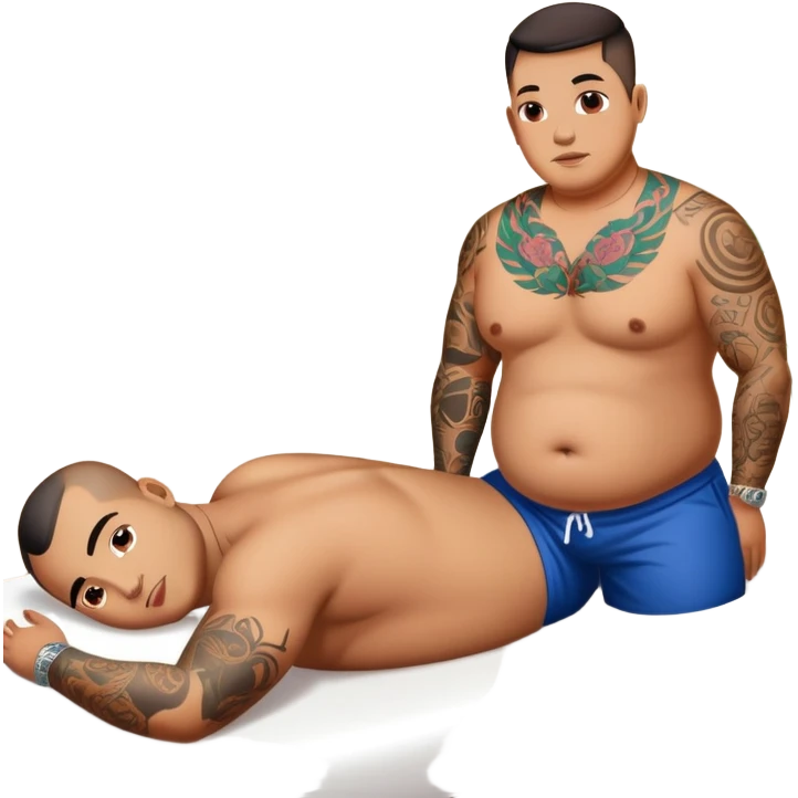A guy with a big belly and tattoos is lying on a massage table. A Thai prostitute is standing nearby emoji