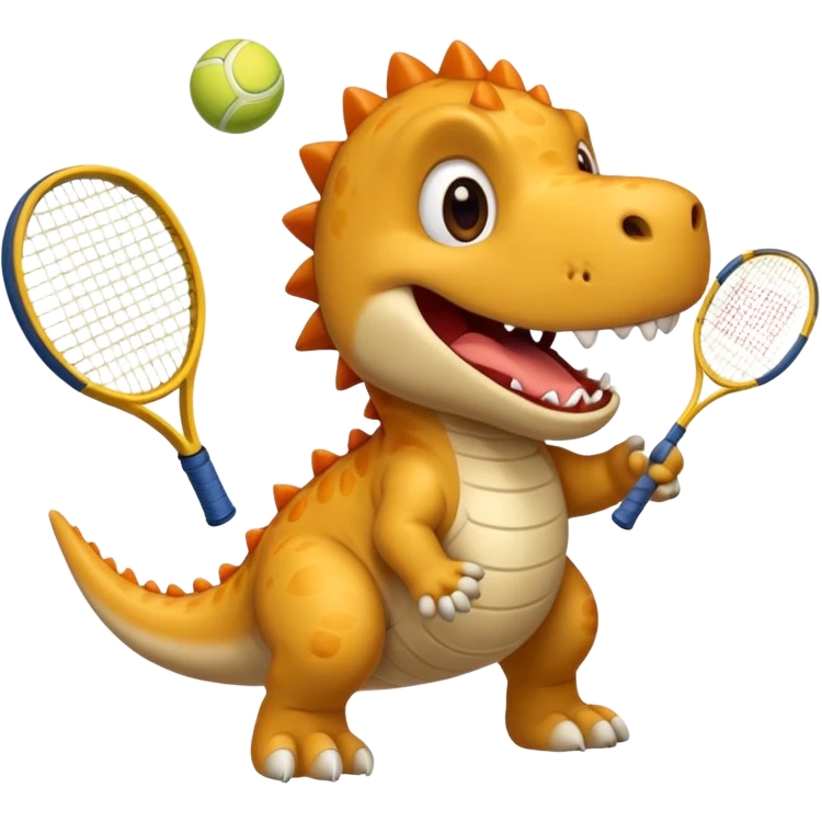 Un chien qui joue au tennis contre un dinosaure emoji