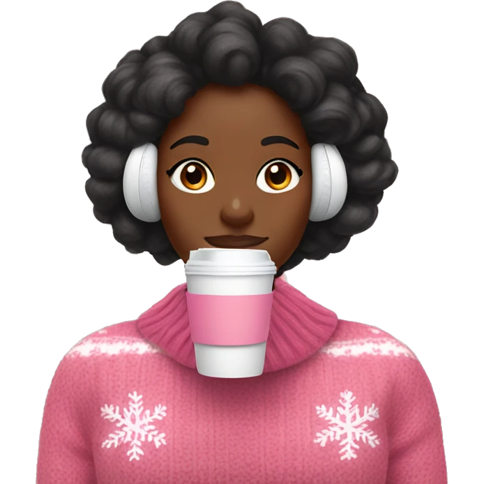 A black girl with a silk press holding coffee and wearing pink AirPods Max and wearing a Christmas jumper emoji