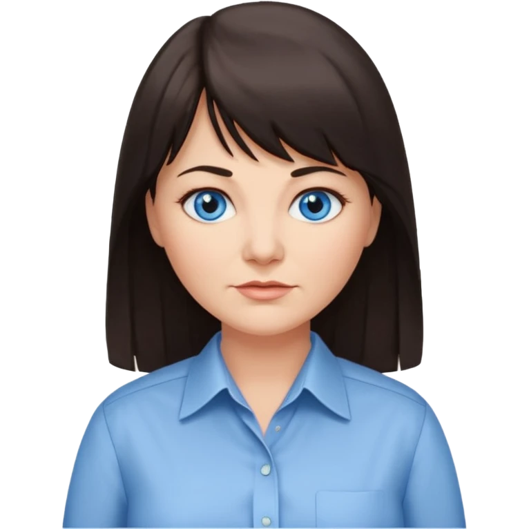 50 yr old woman, blue eyes, long straight dark brown hair, business shirt, chubby, bangs, long hair emoji
