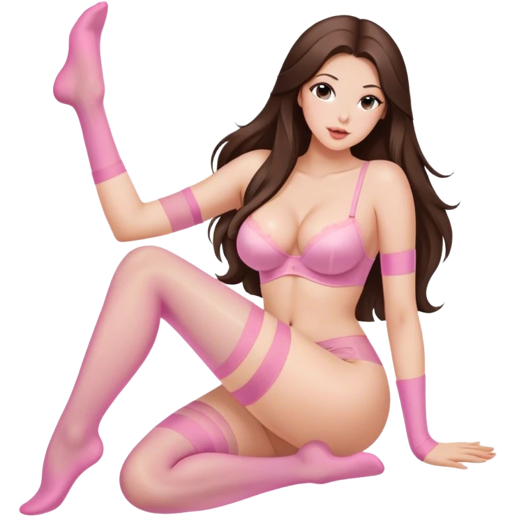 Buxom brunette long hair intimate sfw light pink nylon stocking pose emoji