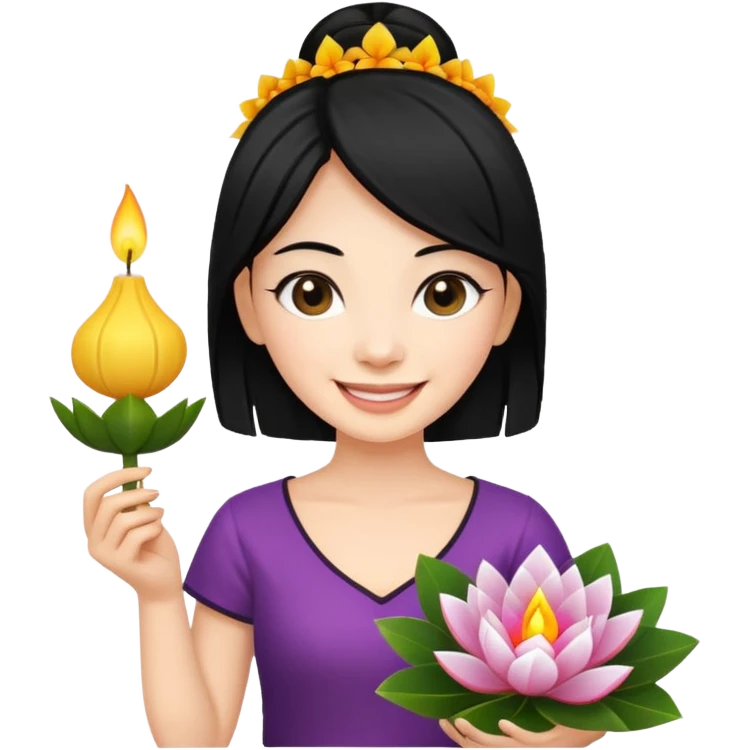 Emoji of a white woman with black hair holding a krathong emoji