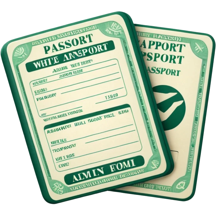 white passport with visible airline tickets, dark green stamps and stripes on tickets, emoji style emoji