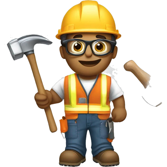 Carpenter wearing safety glasses with hammer in hand and stickers on hard hat emoji
