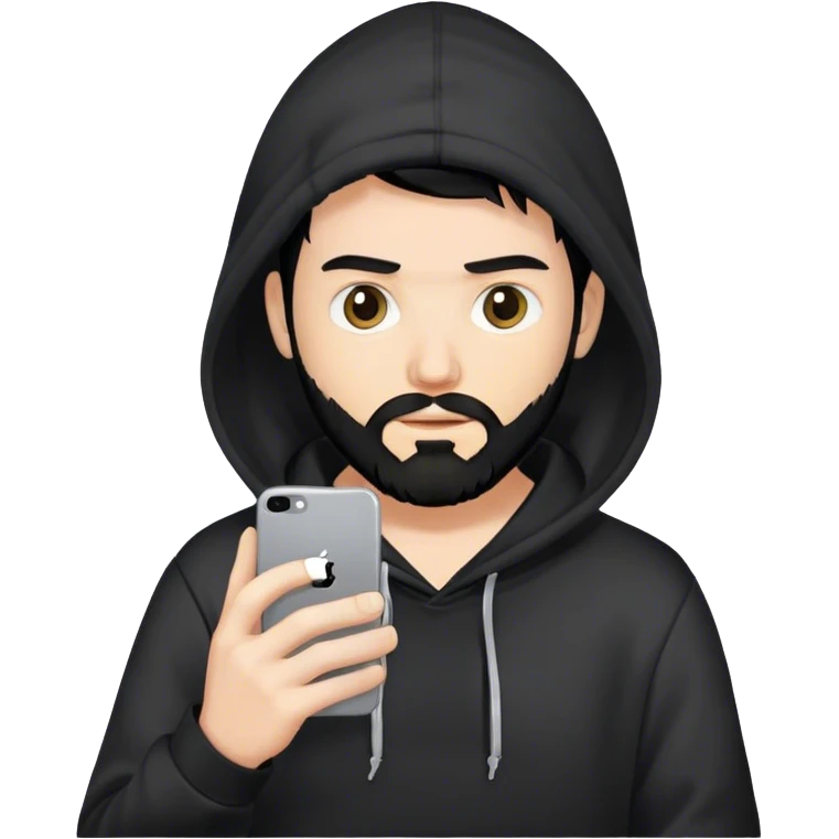 hackeur blanc cheveux noir barbe et capuche noir avec un iphone emoji