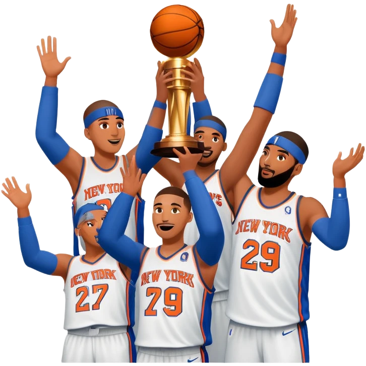 New York Knicks basketball team winning NBA championship trophy, celebration, blue and orange colors emoji