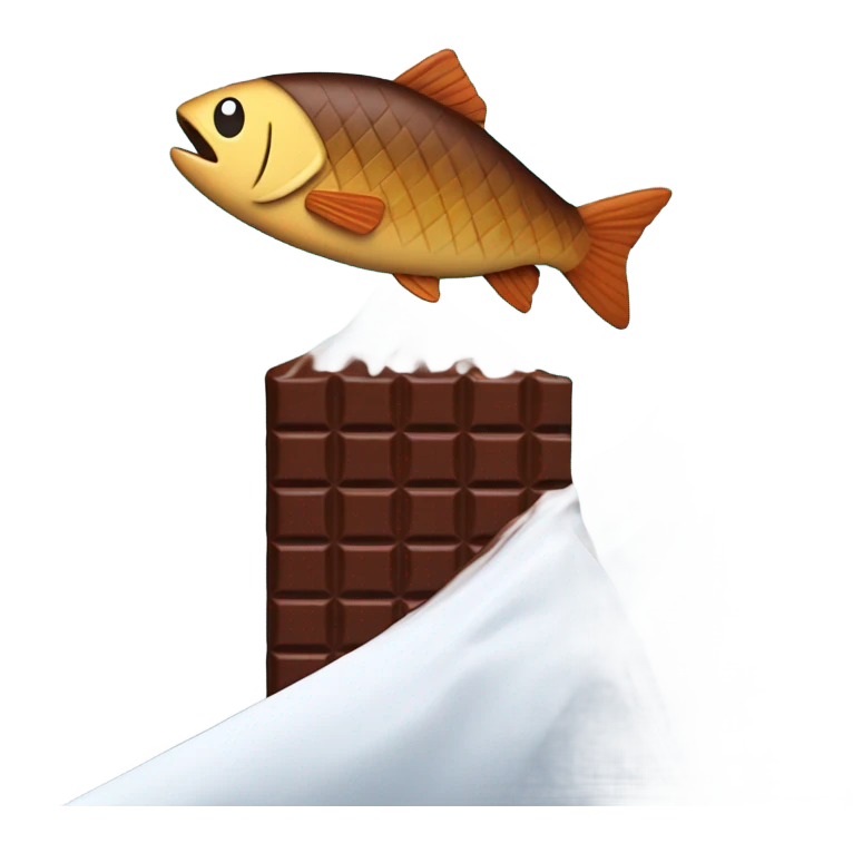Fish skiing down a chocolate bar mountain emoji