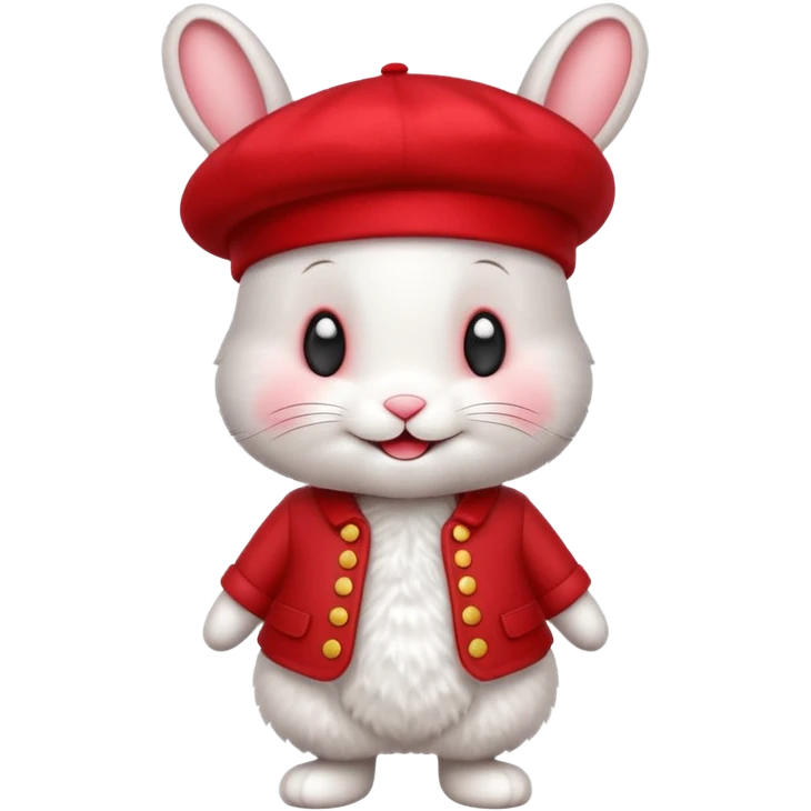 A cute full-length bunny smiley face standing on the side, wearing a stylish red beret. emoji