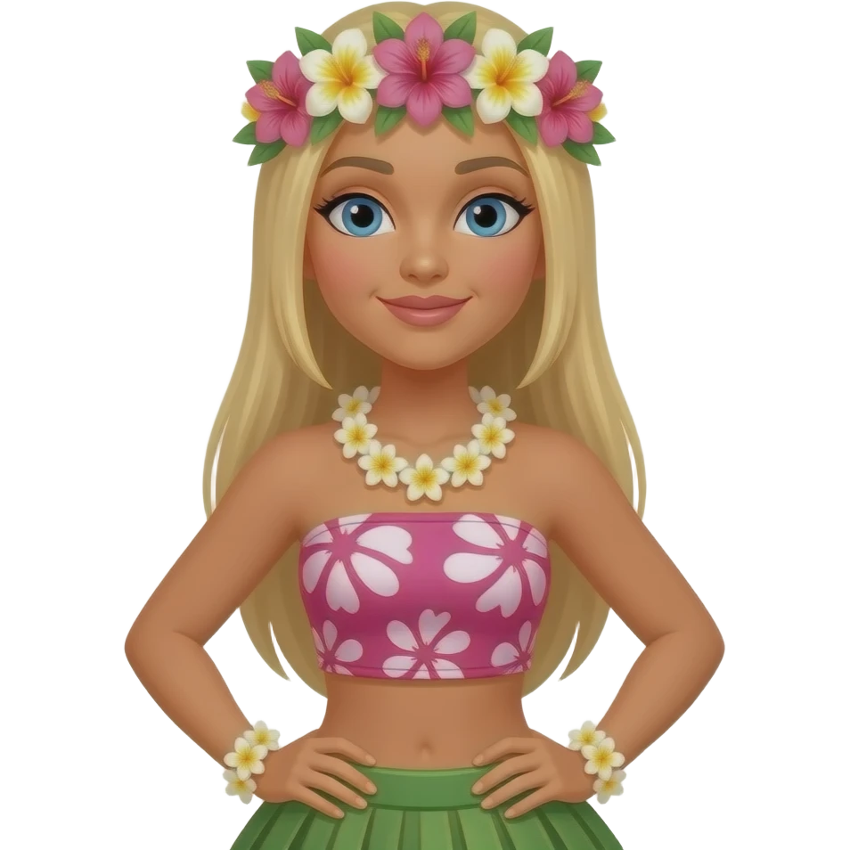 Full body Hawaiian hula dancer with straight blonde hair and blue eyes and a flower crown and a pink printed cropped top emoji