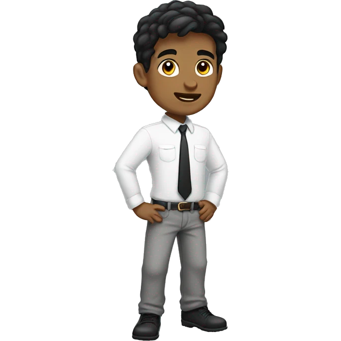 A boy with black hair, a white shirt and grey pants is looking good. emoji