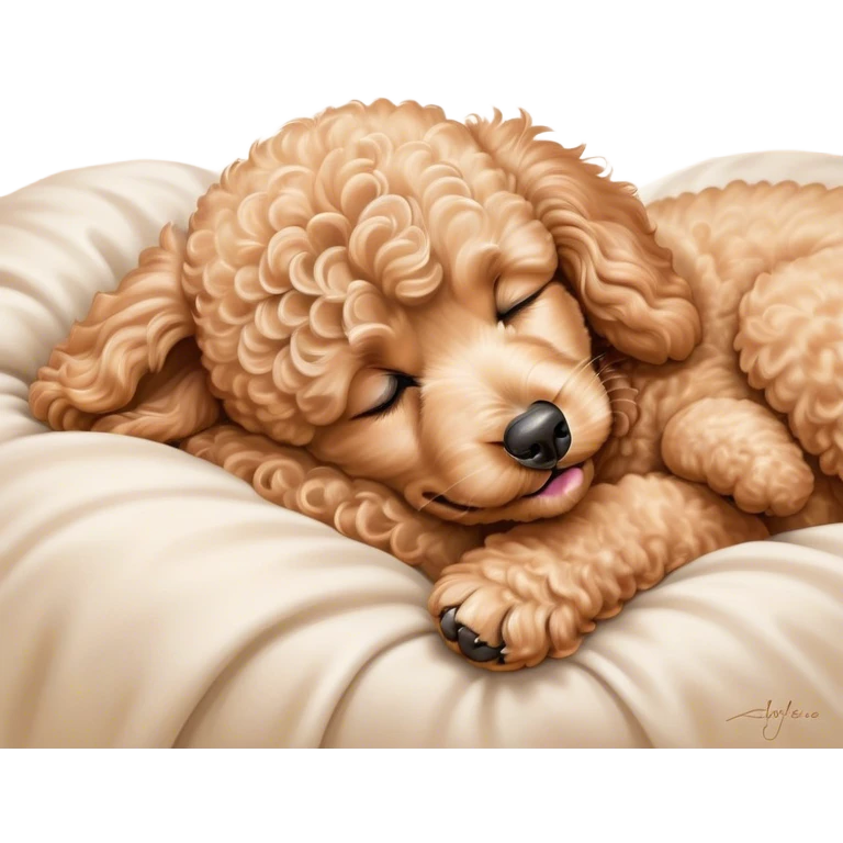 Meme-Worthy Cute Sleeping Apricot Poodle Portrait Emoji, Head resting peacefully with a contented smile, showcasing a delightfully elegant build and a luxuriously soft, curly apricot Fur, eyes shut in a serene nap, Simplified yet hilariously adorable features, highly detailed, glowing with a soft, drowsy light, high shine, relaxed and utterly lovable, stylized with an air of playful laziness, bright and heartwarming, soft glowing outline, capturing the essence of a comically sleepy companion, so meme-worthy it feels like it could instantly become the next viral sensation of adorable slumber! emoji