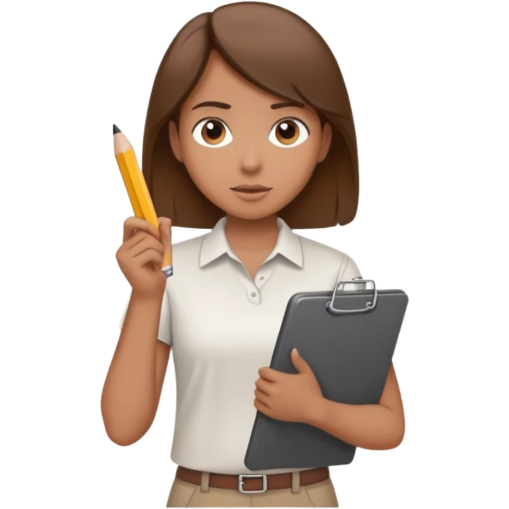 Intern or volunteer with brown hair holding a clipboard and pencil, ready to take notes or assist. The character wears a simple shirt and has an eager posture emoji