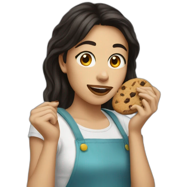 young woman dark hair eating cookies emoji